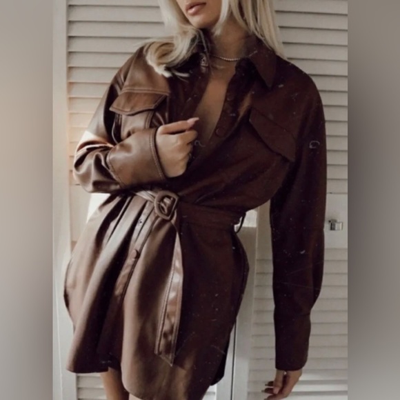 ZARA BELTED FAUX LEATHER SHIRT MINI DRESS - Picture 2 of 7